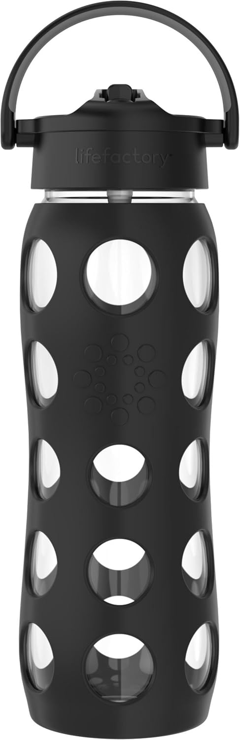 Lifefactory 22-Ounce Glass Water Bottle with Pivot Straw Cap and Protective Silicone Sleeve, Onyx