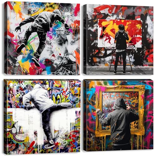 4 Pieces Banksy Canvas Wall Art Framed Graffiti Street Pop Art Wall Pictures for Living Room Decor Hoodie Teens Posters Modern Colourful Urban Pop Art Prints for Bedroom Office Hallway Decor 30x30cm