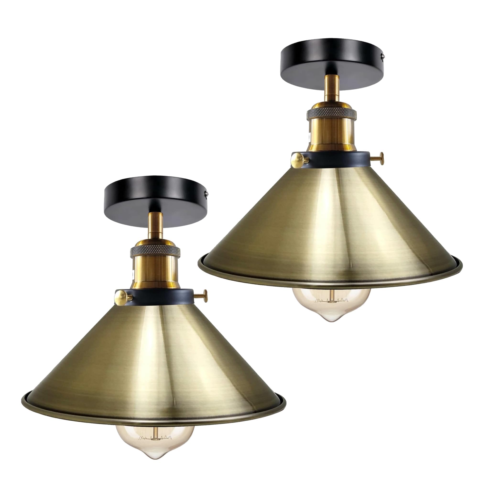 Ledsone Green Brass 2Pk Farmhouse Style Pack Of 2 Semi Flush Mount Ceiling Lights With Green Brass Metal Cone Shade E27 Holder Hardwired Fixture For Kitchen Hallway Bedroom Living Room Green Brass With Bulb