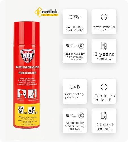 Miniatura 2 de Notlok Safety Work Mini Extintor Casa 500g Sin Flúor Seguro Para La Piel Clases A, F, E Hasta 1000v Extintores, Fire Extinguisher Home, Extintor Coche, Barco, Apartamento