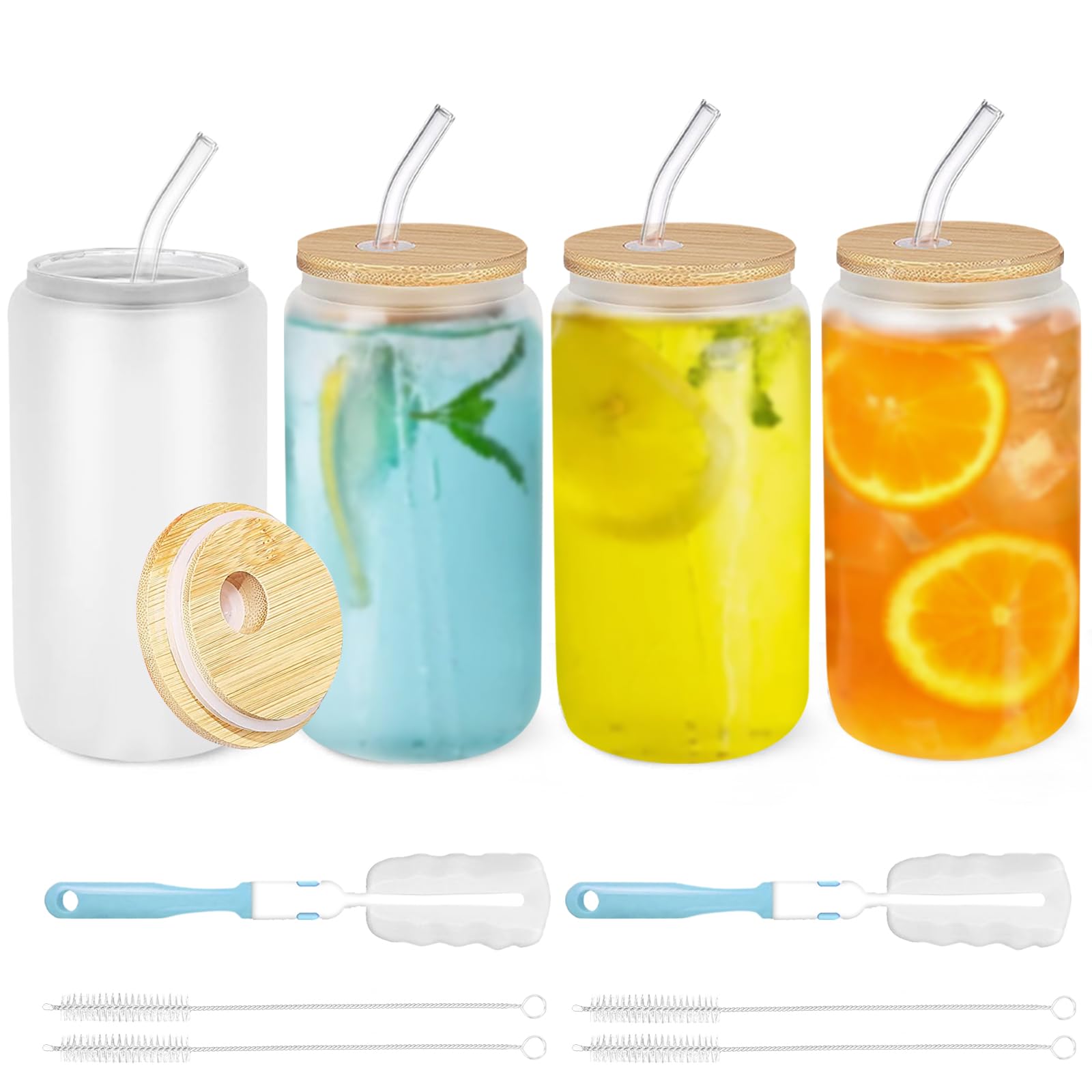 Loyaboho 4 Pcs 16oz Drinking Glasses Cups with Glass Straw and Bamboo Lids - Beer Can Shaped, Iced Coffee Tumbler Frosted Cup for Cocktail, Cola, Juice, Soda, Tea, Water | Gift Set Family Party Bar