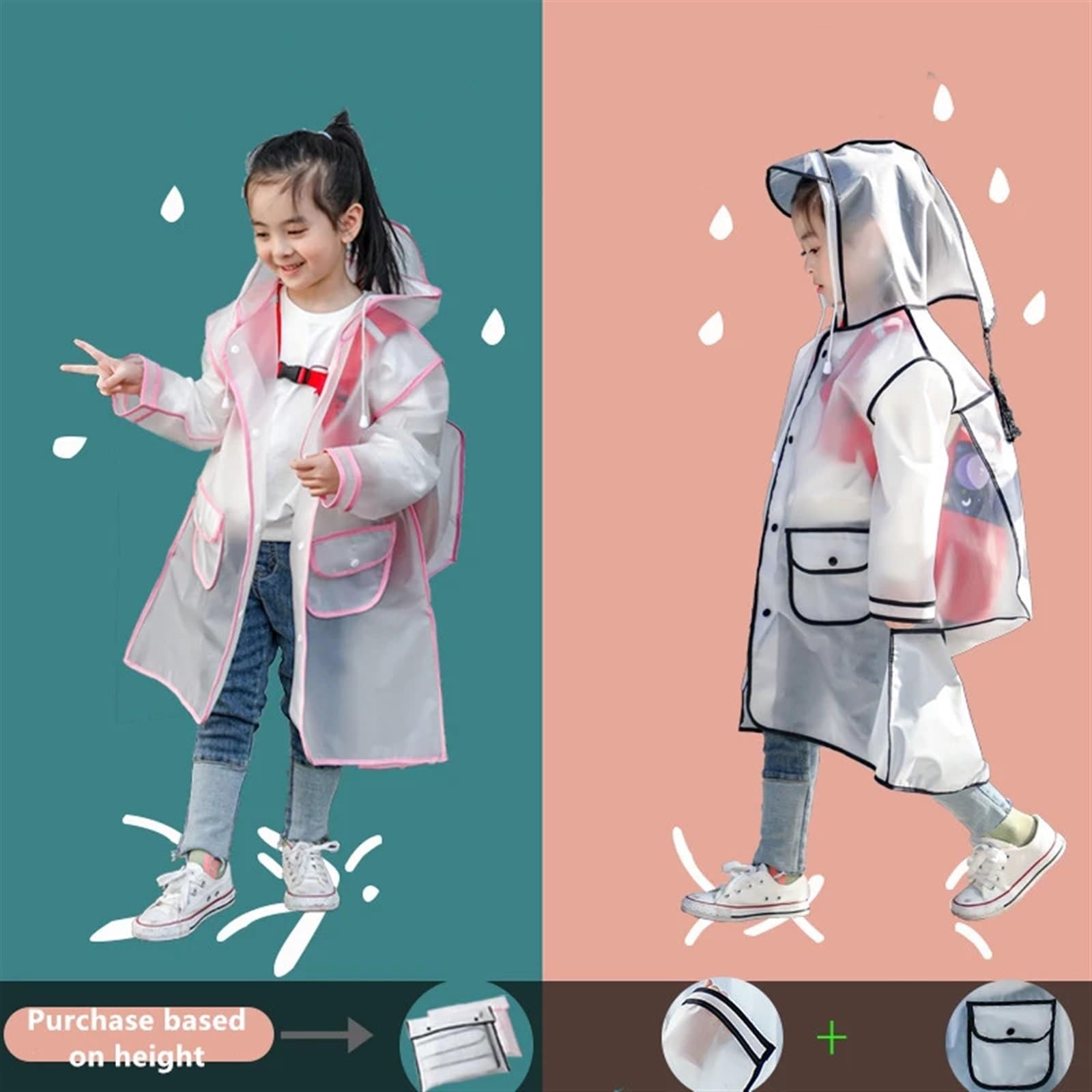 Chubasquero para Niños Chubasquero Transparente for niños y niñas, Poncho Impermeable de Cuerpo Entero for Alumnos de guardería, con Espacio for Mochila Escolar(Pink,XL)