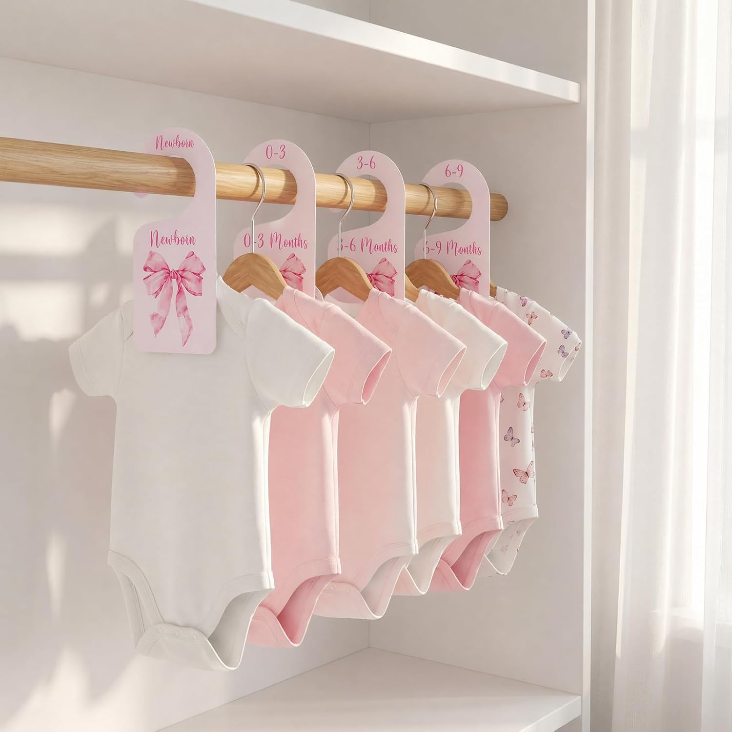 8 Pcs Pink Bow Closet Dividers for Baby Clothes Nursery Organizer | Pink Bow Design, Sturdy Paperboard, Double-Sided, Newborn to 24 Months, Nursery Closet, Easy Install