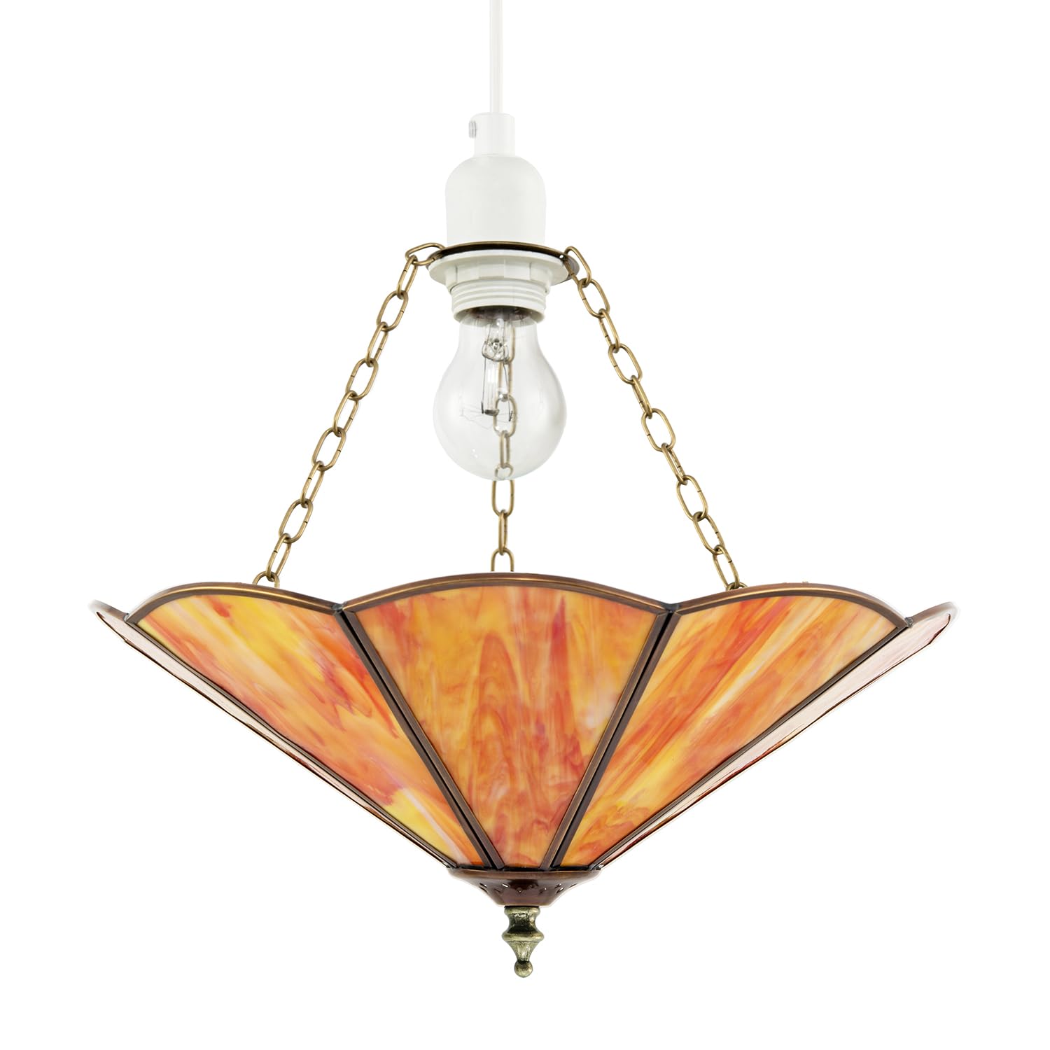 Orange and Amber Toned Chic Tiffany Glass Easy Fit Pendant Lamp Shade with Rustic Antique Brass Metal Chains | 30cm x 17cm by Happy Homewares
