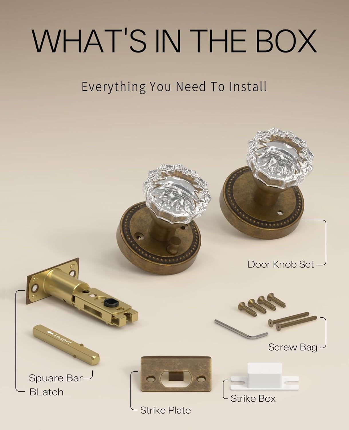 Asidrama 6 Pack Privacy Antique Brass Crystal Door Knob with Lock, Vintage Antique Brass Glass Door Knobs Interior for Bedroom or Bathroom, Heavy Duty for Left Right Sided Doors