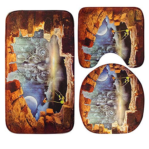 Badezimmer Teppiche Set,Badematten Teppich-Set 3-Teilig Retro Außerhalb Der Wand 3D-Druck Rutschfeste Badematten Weiche…