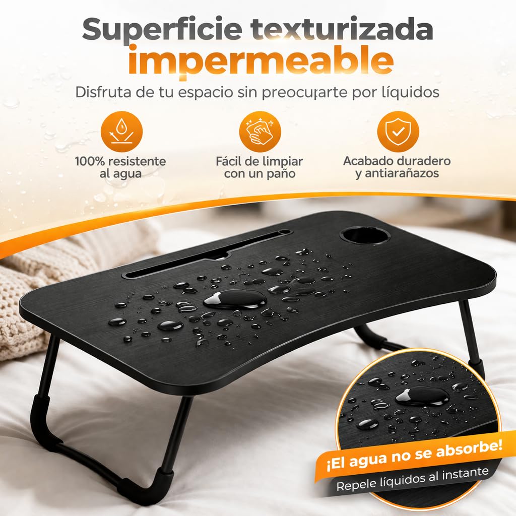 Mesa Plegable Auxiliar portátil pequeña. Mesita para Ordenador en Cama, Sofa, salón, Cocina, Suelo. Posavasos. Patas Antideslizantes. Ranura para Tablet y Pen. Superficie Texturizada. 60x40cm