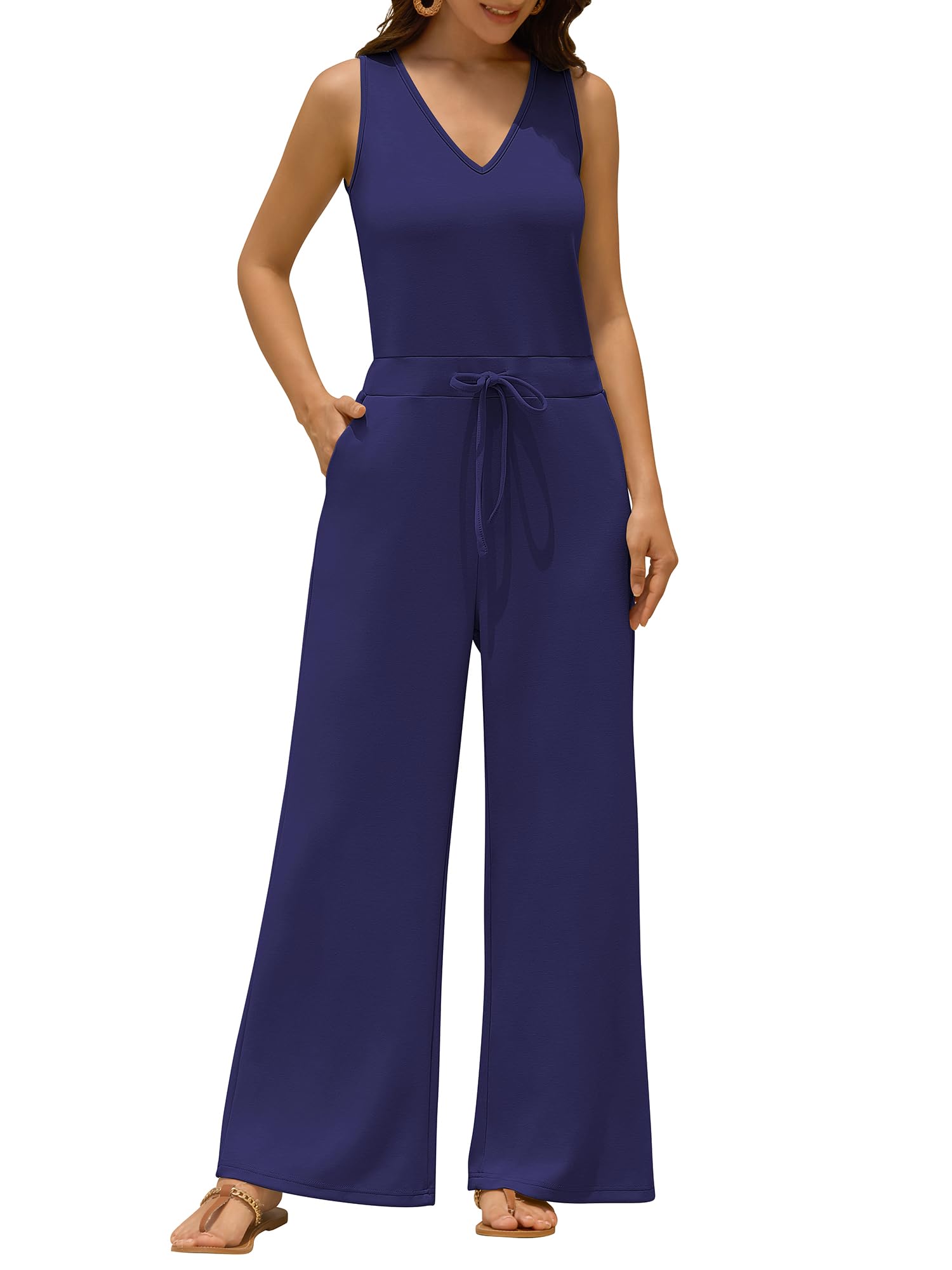 ZAFUL Womens Jumpsuits Summer 2025 Casual One Piece Outfits V Neck Sleeveless Wide Leg Long Pants Rompers with Pockets