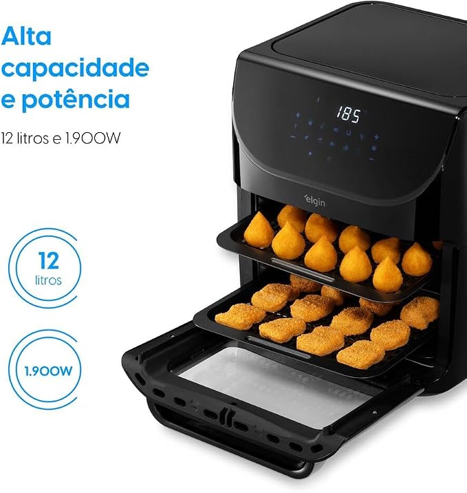 Fritadeira Elgin aberta exibindo bandejas com salgados e nuggets e destaque para potência de 1900W