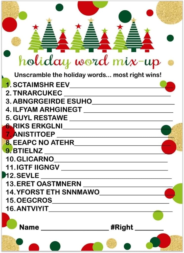 Jolly Trees Christmas Word Scramble Game Cards Pack of 25 Unscramble Activity for Adults, Kids, Groups and Coworkers โ Holiday Event Supply Red Green and Gold 5x7 Printed Set Paper Clever Party