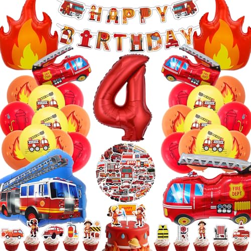 Decoration Anniversaire Pompier 4 Ans, Kit Deco Fete Garcon, XXL Flamme Ballon Aluminium Rouge, Déco Fete Ballon Bannière Decoration Gateau Autocollant...