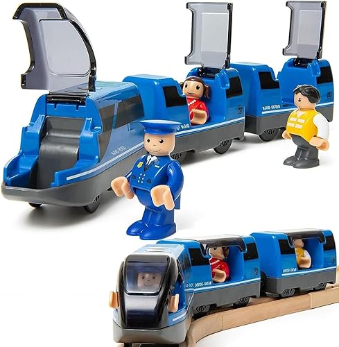 TOPLIVING Tren motorizado para pista de madera, tren eléctrico con conexión magnética, trenes locomotoras a pilas para niños pequeños, compatible
