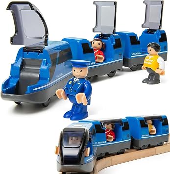 TOPLIVING Battery Operated Train Magnetic Connection Intercity Train with Wooden Train Toy Figures Locomotive Train Toy for Toddlers Ages 3-4-5 Years Old No Batteries and Railways