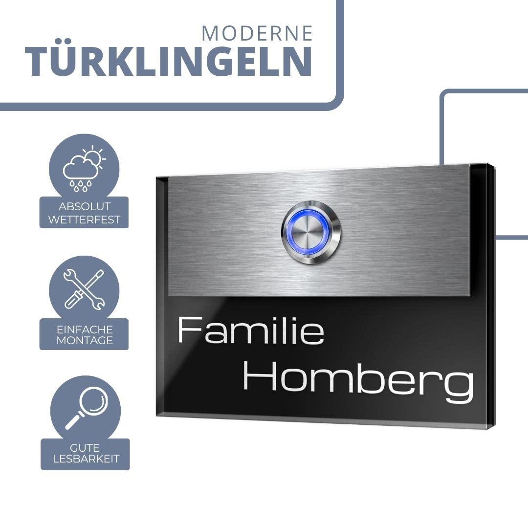 Edle Türklingel mit Gravur und LED-Klingelknopf und über 99 Motive personalisierbar 11x8 cm | Modell: Homberg-Aa | gravierte Klingel aus Hochglanz Acrylglas und Edelstahl Klingelschild Klingelplatte