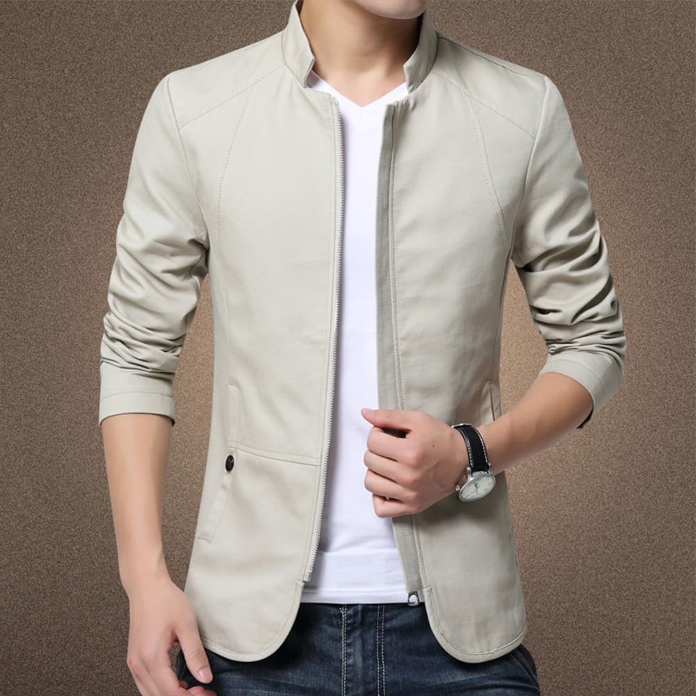 Veste à col pour homme avec fermeture éclair - Coupe ajustée - Style décontracté - Taille L - Beige