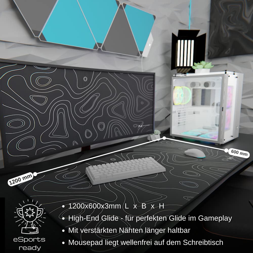 Nyfter - Tappetino per mouse 3XL per gaming, colore nero, con design topografico, 1200 x 600 mm, di alta qualità, grandi bordi cuciti, durevole, con Glide di alta qualità e antiscivolo, per gaming