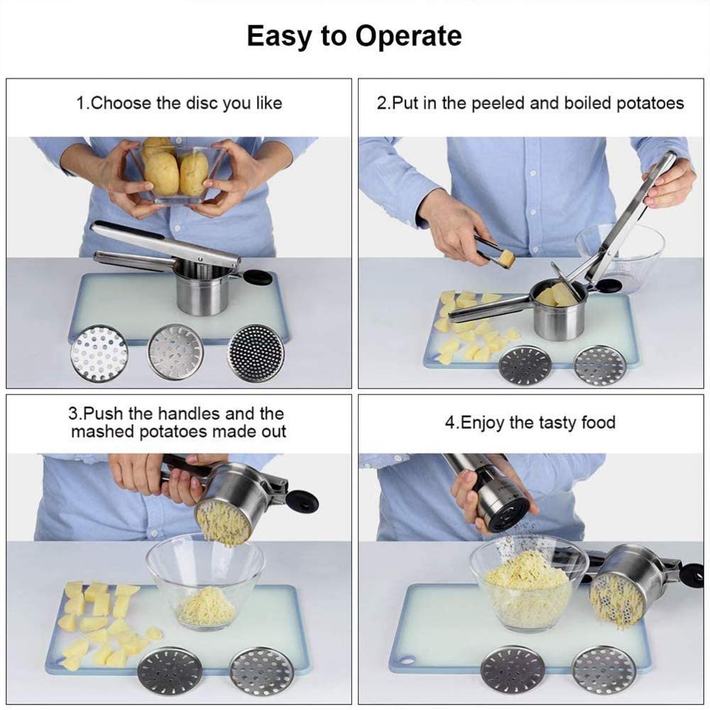 Edelstahl Potato Ricer Professioneller Kartoffelstampfer, Hochleistungs-Obstpresse für Babynahrung, Gemüse, Püree - Rutschfeste Silikongriffe, 3 austauschbare Siebe für Fein, Mittel, Grob, Silber