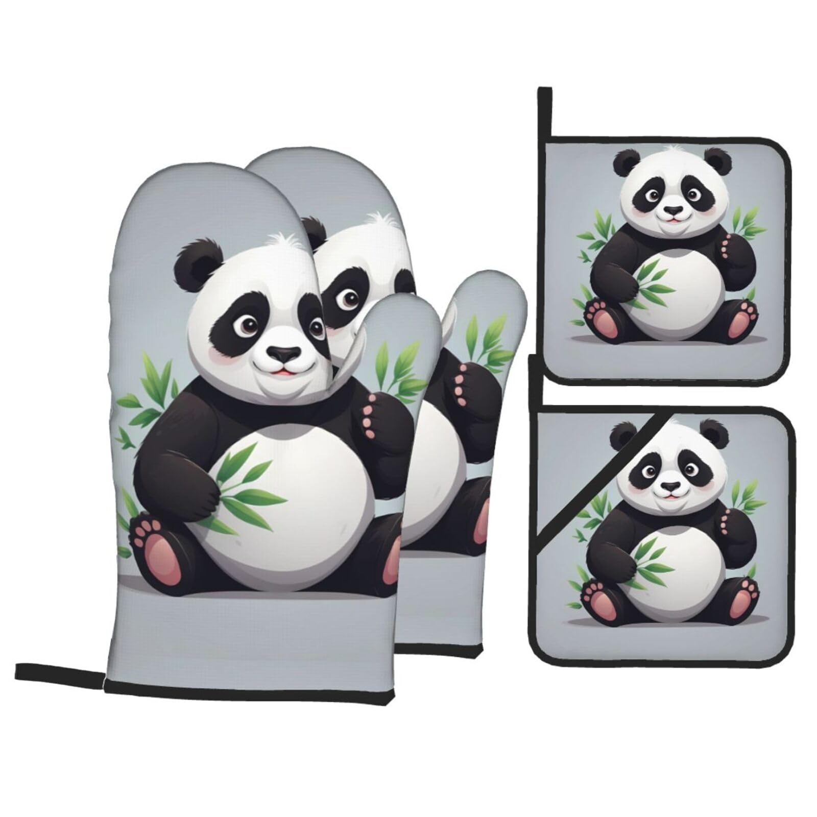 HJFCZH Funny Panda Picture Kitchen Baking Set of 4 Thick Insulated Oven Mitt & Pot Holders, Anti-Scalding for Microwave, Oven, Outdoor BBQ