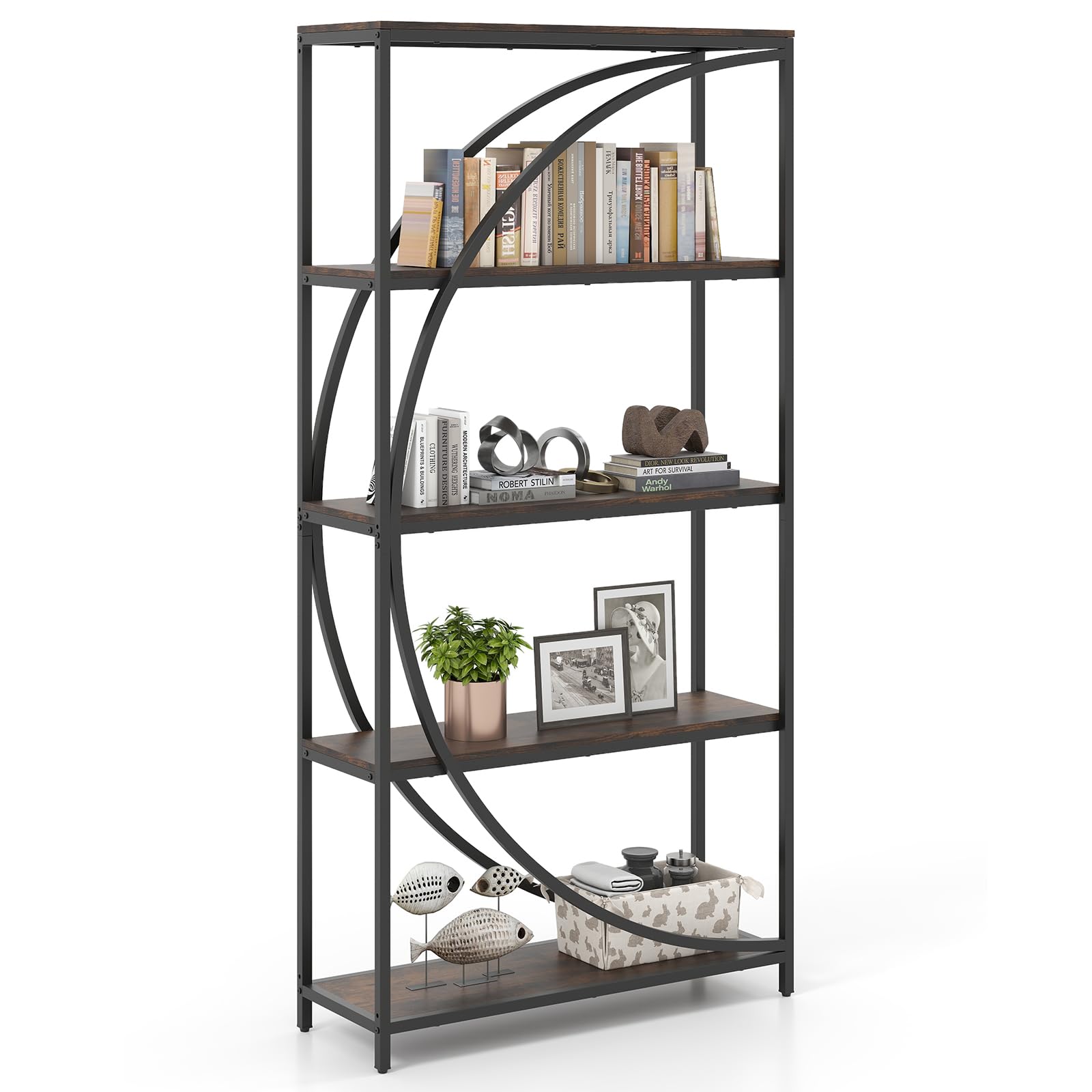 COSTWAY 5/6-Tier Bookshelf, Industrial Etagere Bookcase with Arc-Shaped Design and Open Shelves, Freestanding Metal Frame Tall Display Shelf Storage Organizer (Rustic Brown, 86 x 30 x 175 cm) — image 1
