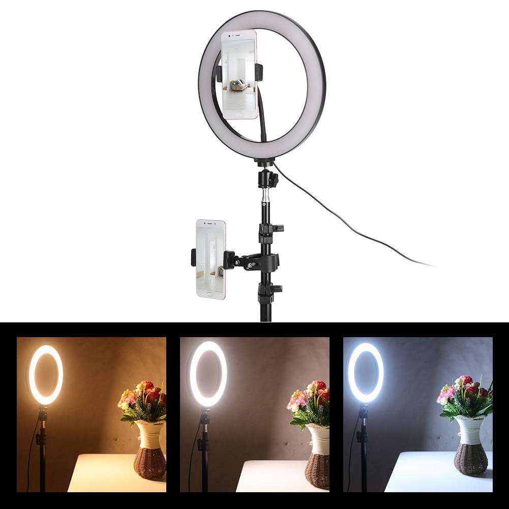 Wakects Luce ad Anello Dimmerabile da 10 Pollici, con Luce Video a LED, Ring Light Lampada Anulare Regolabile con Stativo di Luce e Supporto per Cellulare
