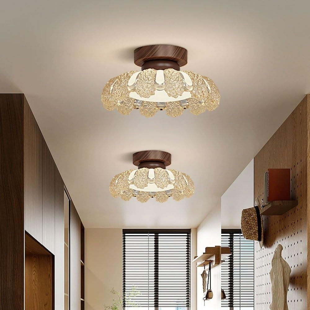 Nowoczesna lampa sufitowa z motywem kwiatowym z połowy stulecia, lampa wisząca LED o mocy 12 W, podstawa z drewna słojowego, oprawa sufitowa z żywicy w stylu retro. Lampa sufitowa