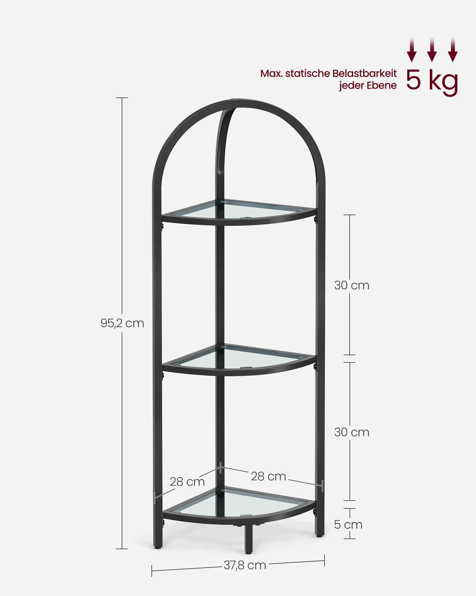 VASAGLE Eckregal 3 Ebenen, Bücherregal, Pflanzenregal, Standregal, Badezimmerregal, Ablagen aus Hartglas, Stahlrahmen, modern, für Wohnzimmer, Küche, klassikschwarz LGT811B61