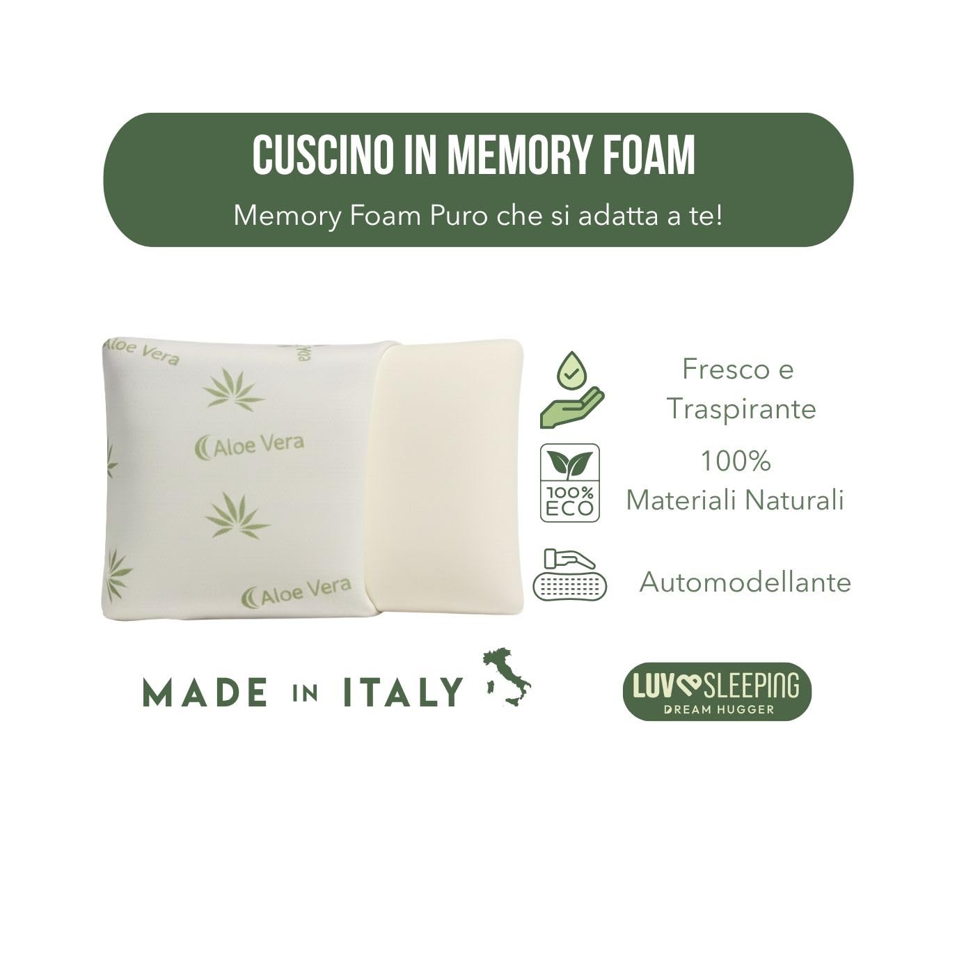 Cuscino Memory Foam Cervicale 72x42x11 cm - Cuscino per Dormire Fresco a Saponetta Anallergico con Federa in Aloe Vera - Guanciale Letto Ortopedico Made in Italy Certificato Oeko-Tex