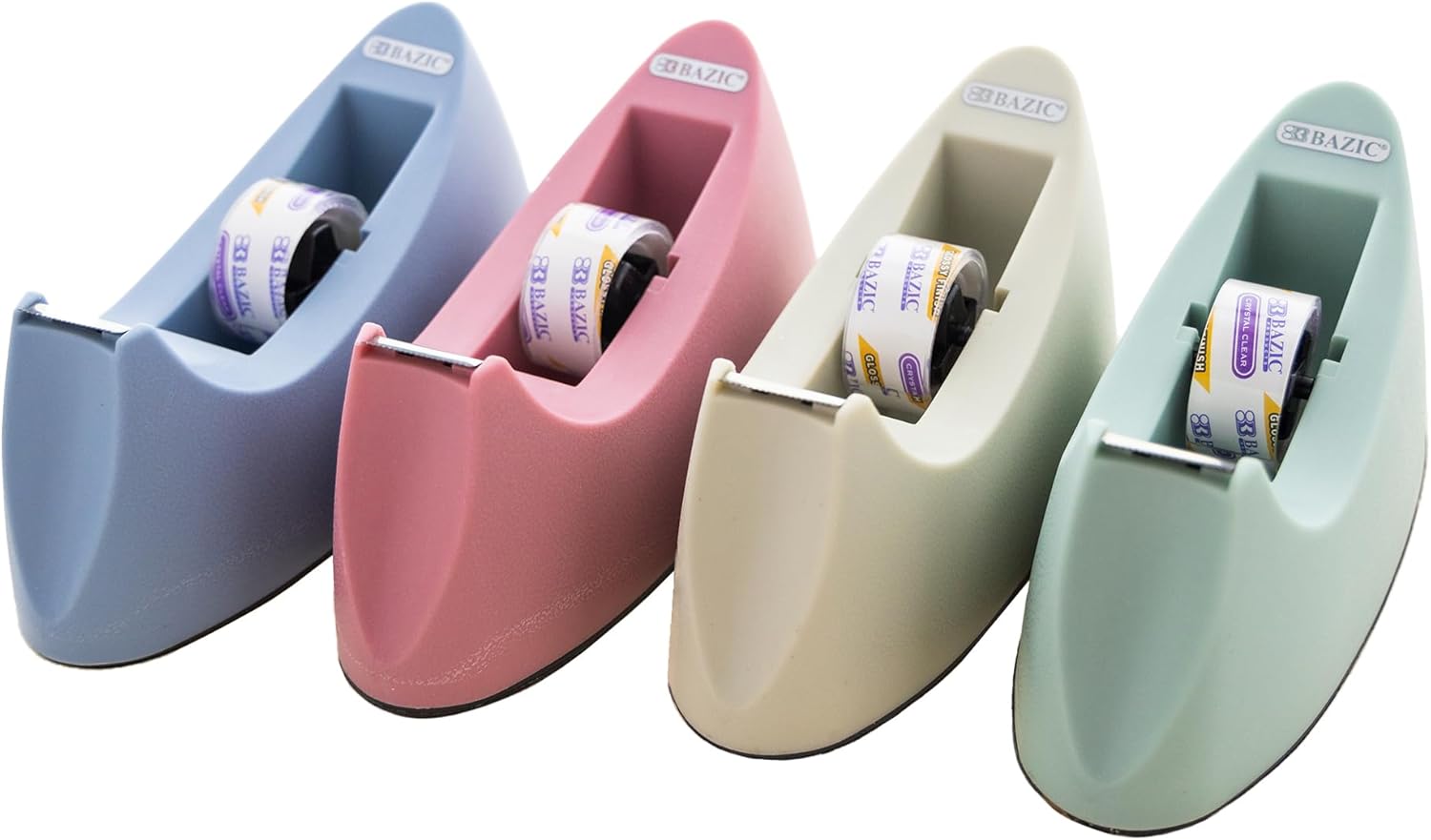 BAZIC Products Desktop Tape Dispenser w/Tape Refill 3/4" x 250", 1" Core Weighted Non-Skid Base, Sharpe Blade Tapes Holder, Assorted Color, 12-Pack
