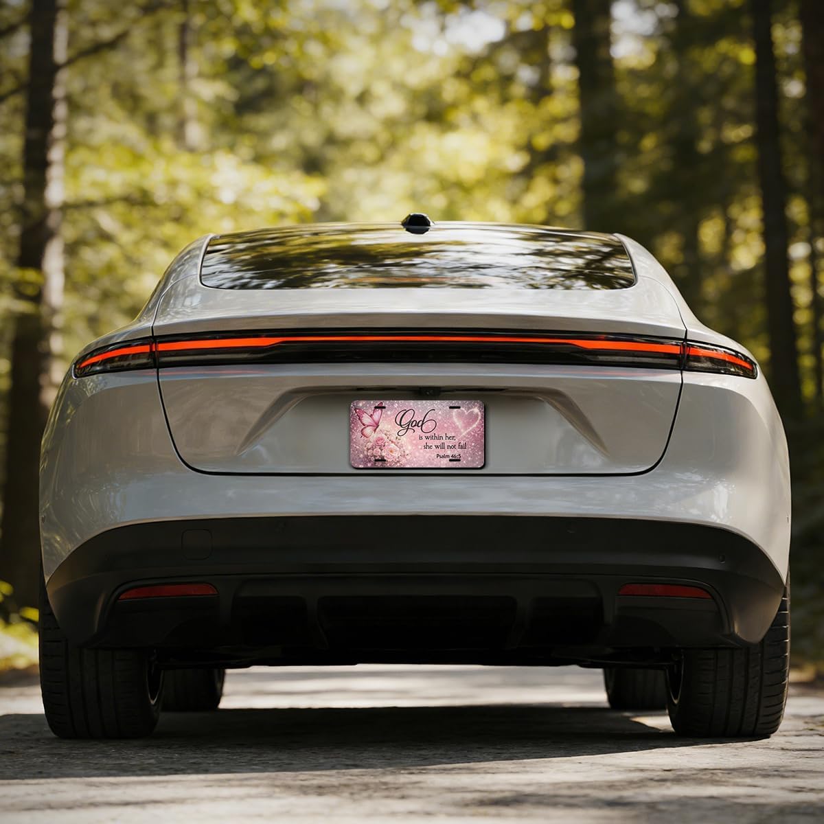 God is Within Her Front License Plate She Will Not Fail Pink Glitter Butterfly Car Vanity Plates Decorative Aluminum Metal Cute Novelty License Plate Cover with 4 Holes for Men Women 6" X 12"