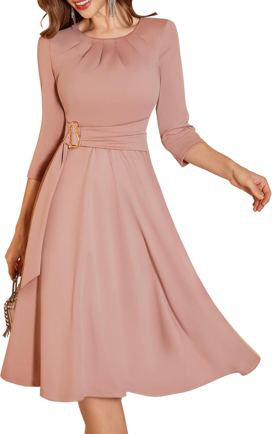 Dressystar Women's Wedding Guest Dress Fall Midi A Line Swing Long Sleeve Ruched Elegant Formal Cocktail Party Dresses 2025 Dusty Rose Blush Pink L