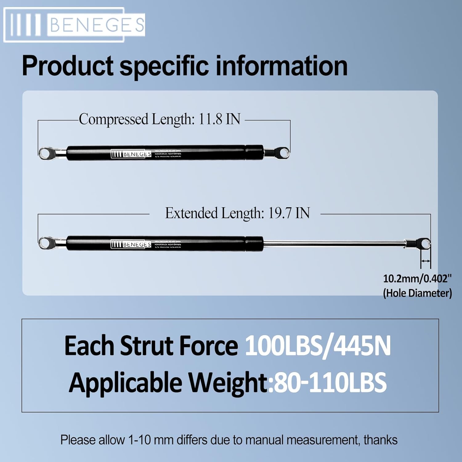 2PCs Universal Gas Charged Lift Supports Spring Struts Shocks Dampers Force 100 Lbs/445 N Per Prop, Force Per Set 200 Lbs/896 N, Extended Length 20 inches C16-08054