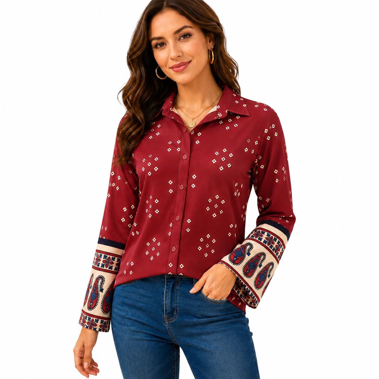 Women's Boho Button-Down Shirt, Red Geometric Print-image-20