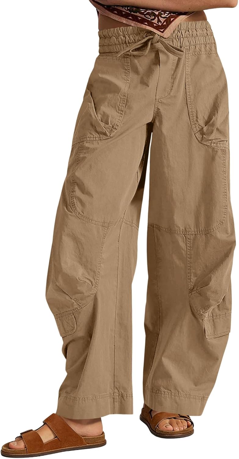 Aoysky Womens Baggy Barrel Wide Leg Pants Drawstring Elastic High Waisted Casual Loose Trousers Pockets