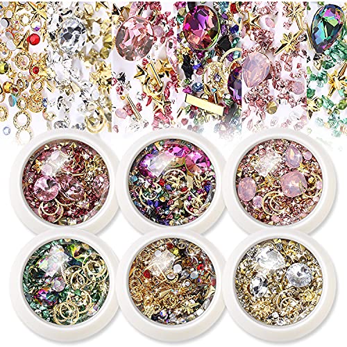 SILPECWEE 6 Boxes Gold Nail Charms Flat Back Nail Rhinestones Gems Nail Jewels 3d Nail Art Charms Nail Decoration for Acrylic Nails with 1Pc Tweezers, Picker Pencil