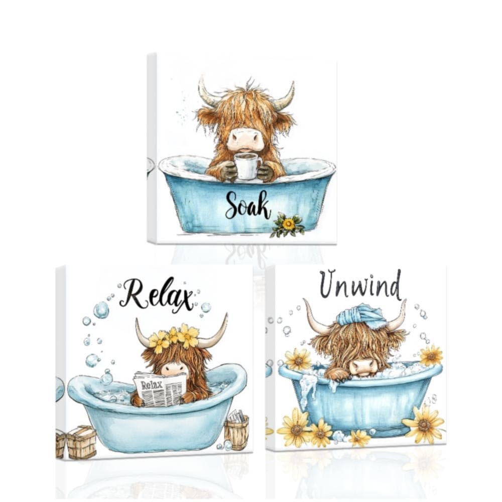 ZXHYWYM Funny Highland Cow Bathroom Decor Animal Bathroom Wall Art 3 Pieces Cow Bath Pictures Relax Soak Unwind Bathroom Canvas Kids Bathroom Prints Framed (Blue, (30x30cmx3))