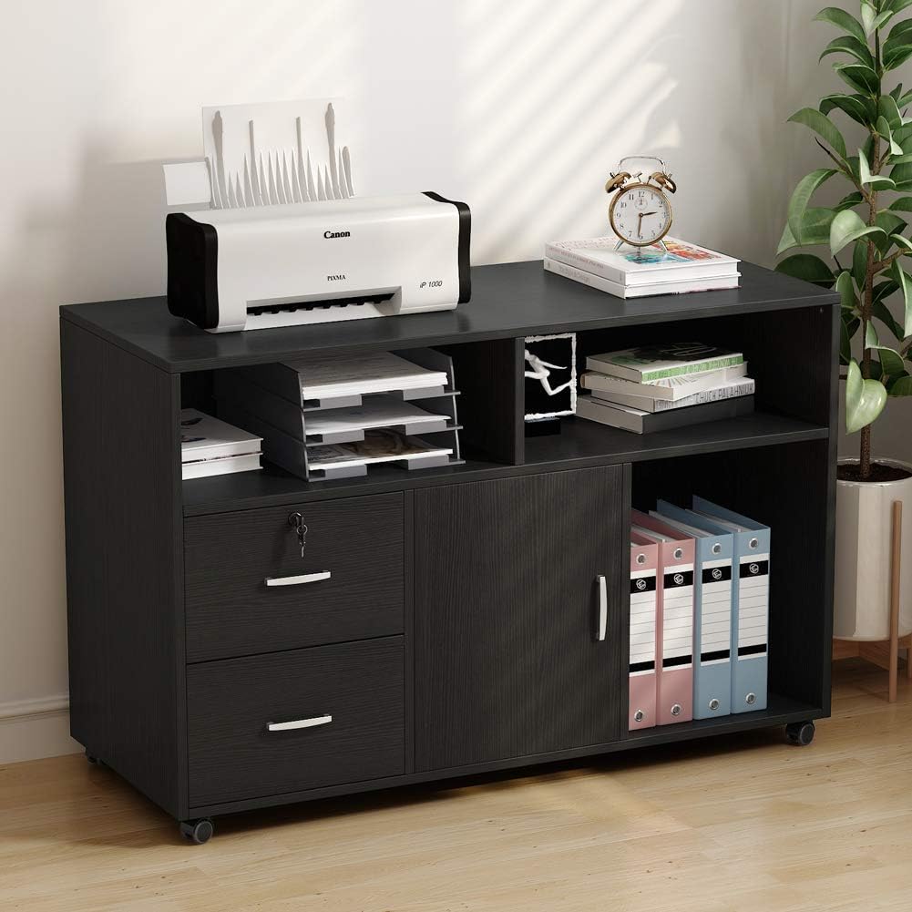Tribesigns Wood File Cabinet, 2 Drawer Storage Printer Stand, Mobile Lateral Filing Cabinet with Locks and Wheels, Open Storage Shelves for Study, Home Office (Black)