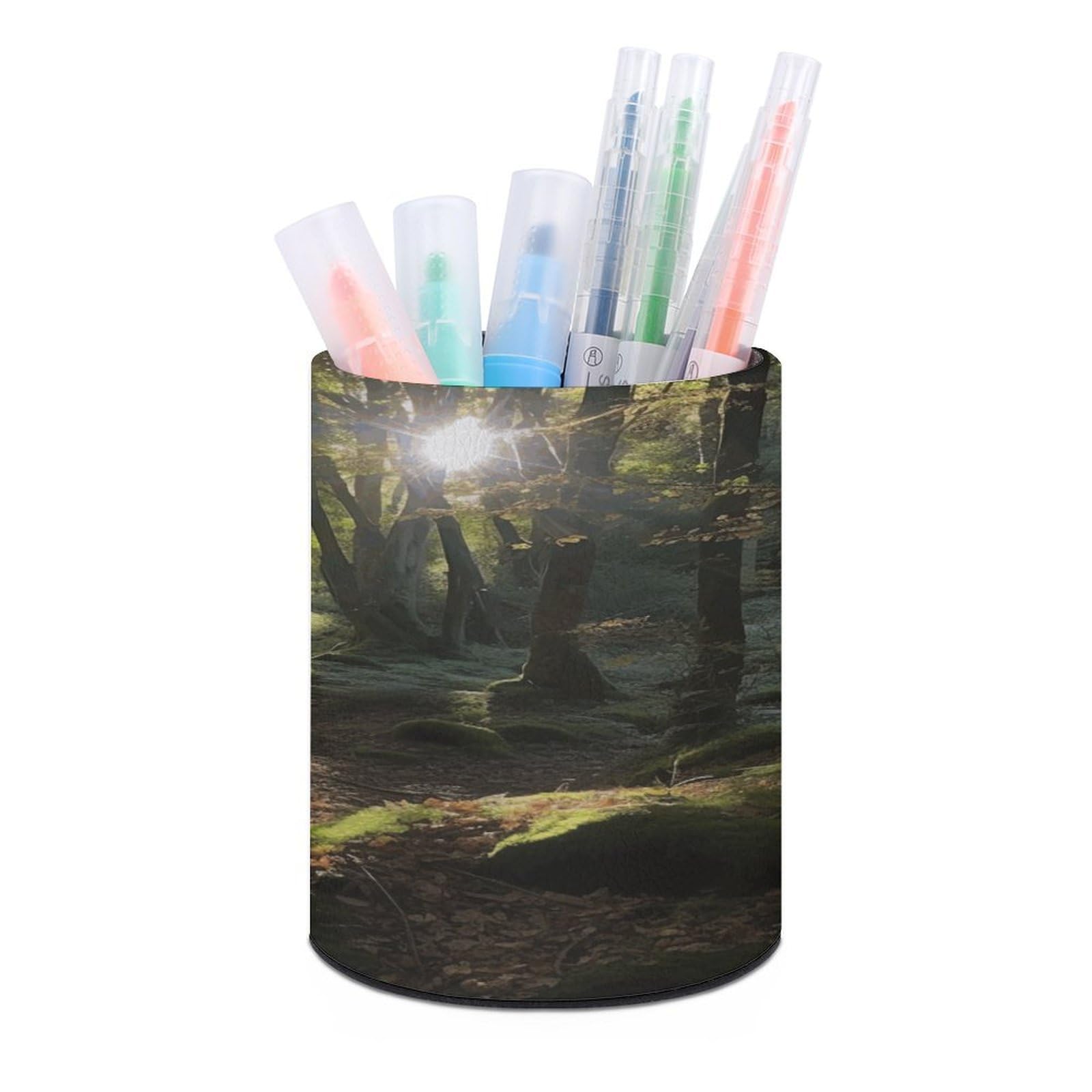 FekiLoot PU Leather Round Pen Holder Sunshine in The Woods Pencil Holder Desk Organizer Pen Organizer Pen Cup Pencil Cup Caddy Desktop Stationery Organizers for Office Home Supplies