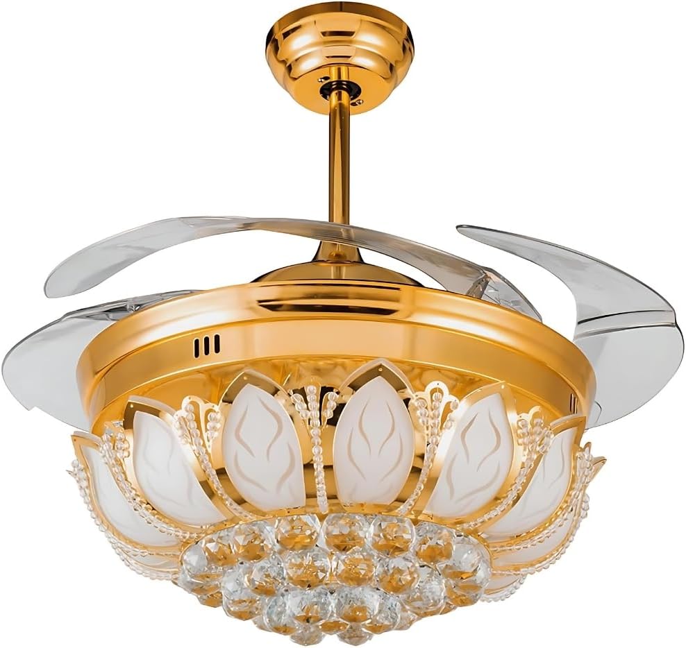 Luxa Illumina Retractable Ceiling Fan with Crystal Chandelier โ 42/48 Inch, 6-Speed Remote Control, 3-Color LED Light, Acrylic Blades, Flush Mount โ Modern Electroplated Fan for Living Room