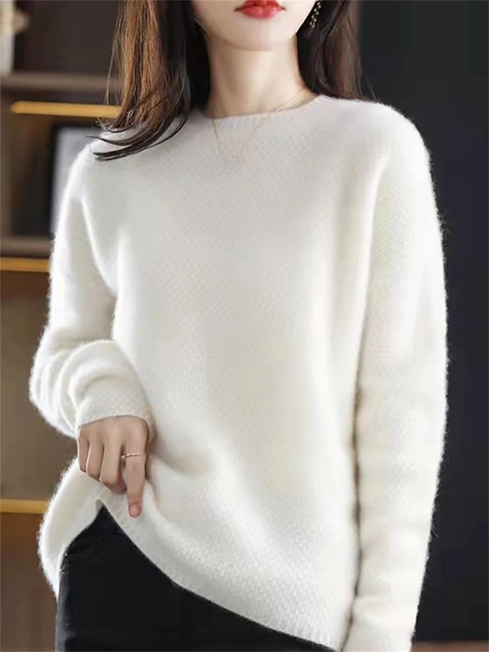 Maglione girocollo spesso in 100% lana merino da donna - Maglione casual ampio for autunno/inverno - Bianco M