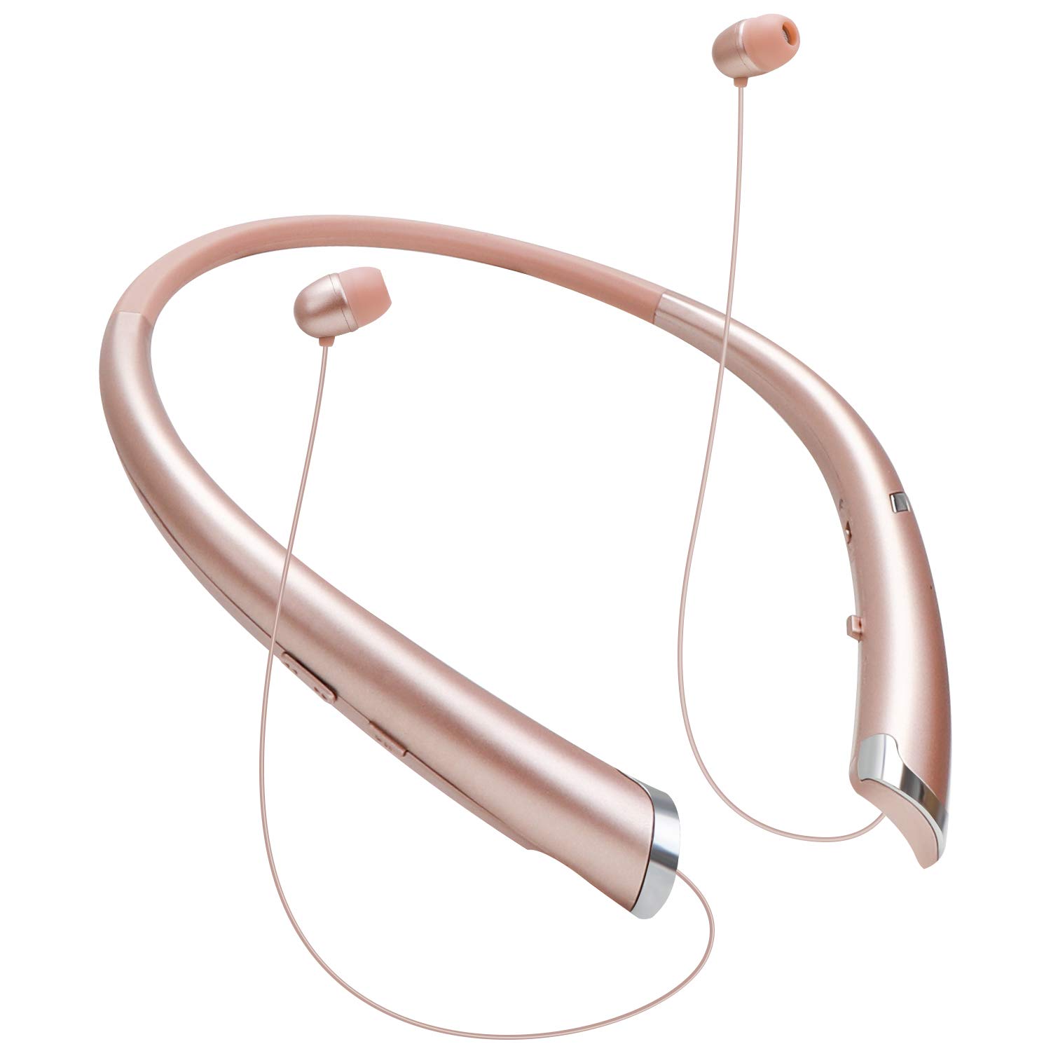 Bluetooth Headphones, Retractable Earbuds Wireless Neckband Headset Noise Cancelling Stereo Earphones (2020 Upgraded, Rose Gold)