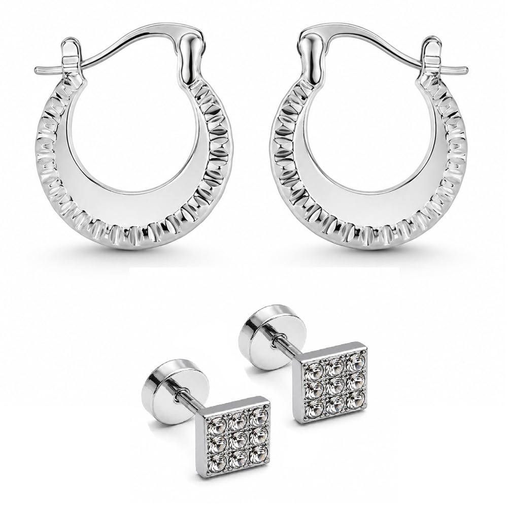 Combo of Men Silver Square & Silver Chand Bali Pairs Ear Earrings Premium Finish Durable Casual & Party Use-image-45
