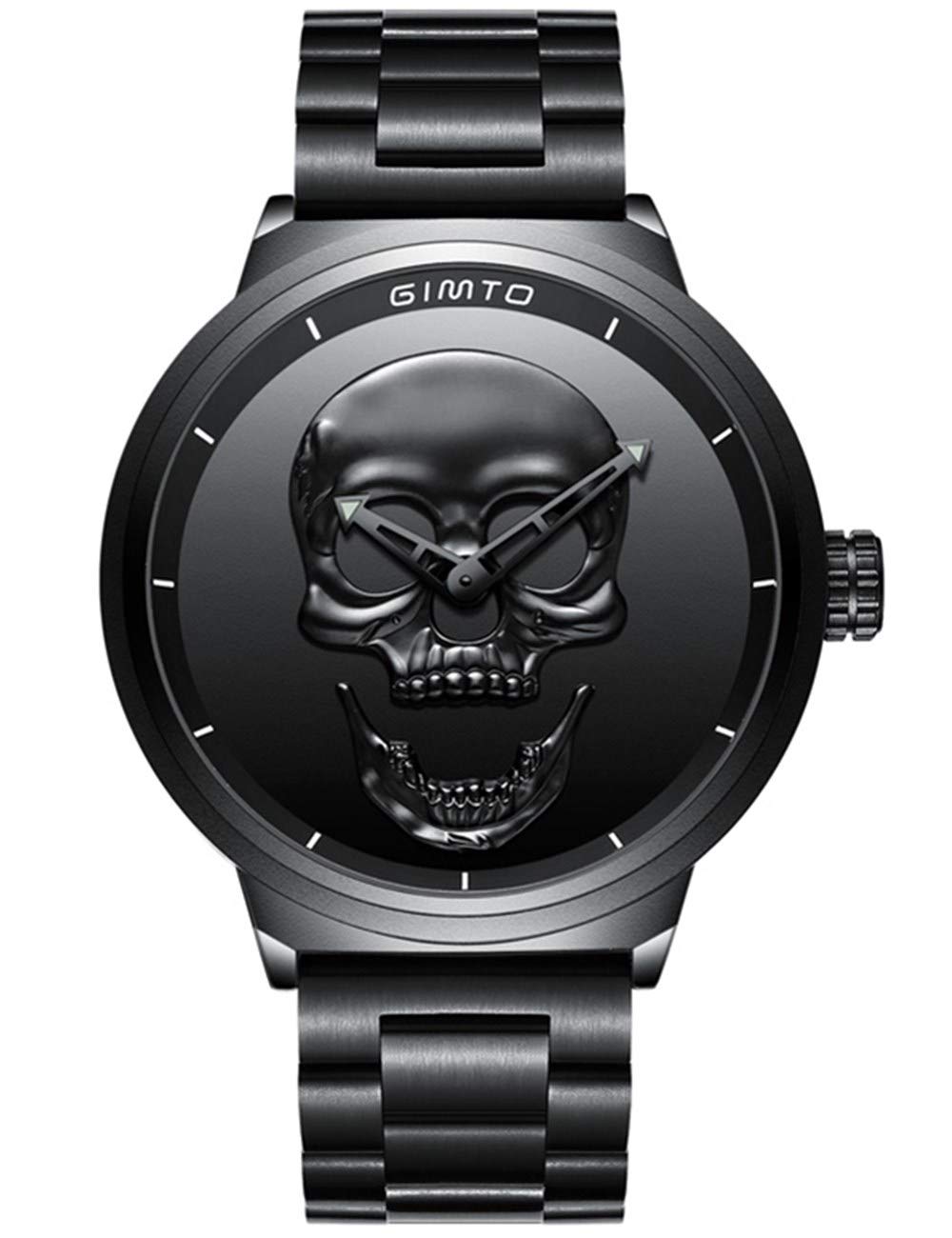 All Black Steel Watches for Men 3D Skull Watch Dial Cool Stainless Steel Heavy Big Vintage Sport Wristwatch