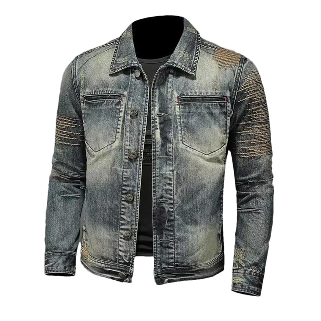 Męski Vintage Zip Stand Up Bawełniany Slim Fit Denim Płaszcz Zimowa Kurtka Dżinsowa