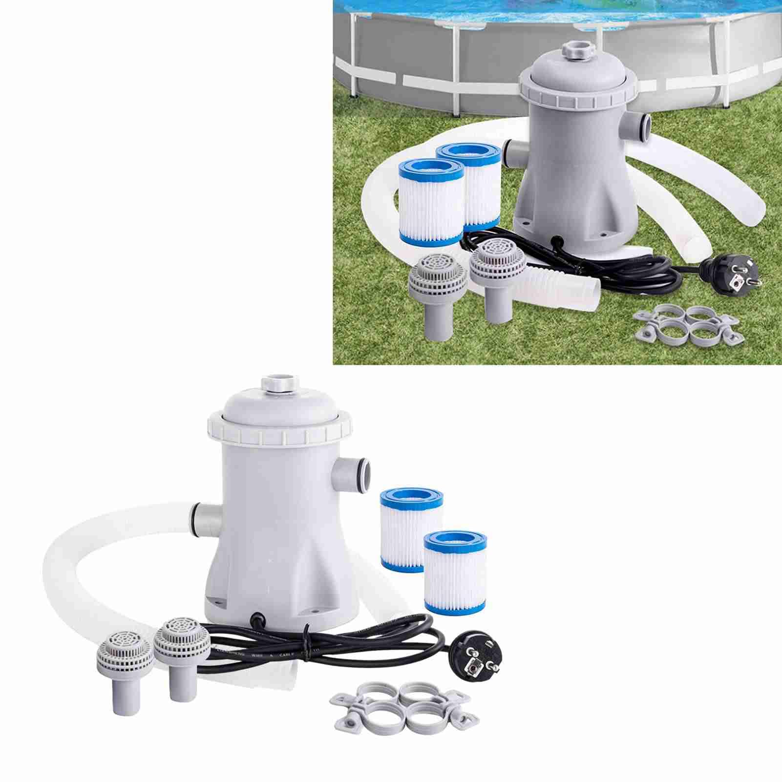 Kavolet Bomba de filtro de piscina de 16 W, 1.250 L/h, bomba de agua eléctrica con 2 cartuchos de filtro de piscina, bomba de piscina sobre el suelo, sistema de filtro de cartucho pequeño