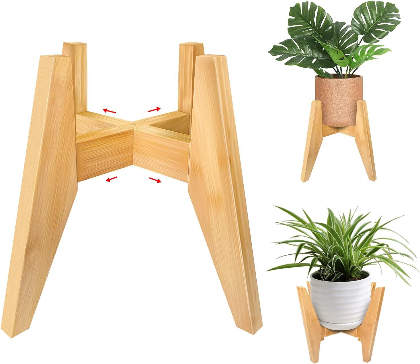 AmazeFan Adjustable Plant Stand, Mid-Century Bamboo Flower Pot Holder Fits up to 12" Pots Natural Wood Grain Indoor/Outdoor Modern Home Decor (Plant Not Included) (bamboo-02)