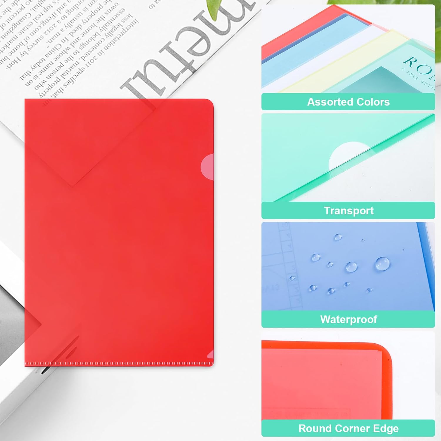 100 Pack Plastic Document Folders, Clear Plastic Folders, Assorted Color A4 Letter Size File Sleeves, L-Type Transparent Colored File Folder Bulk for Office Paper Storage, 5 Assorted Colors