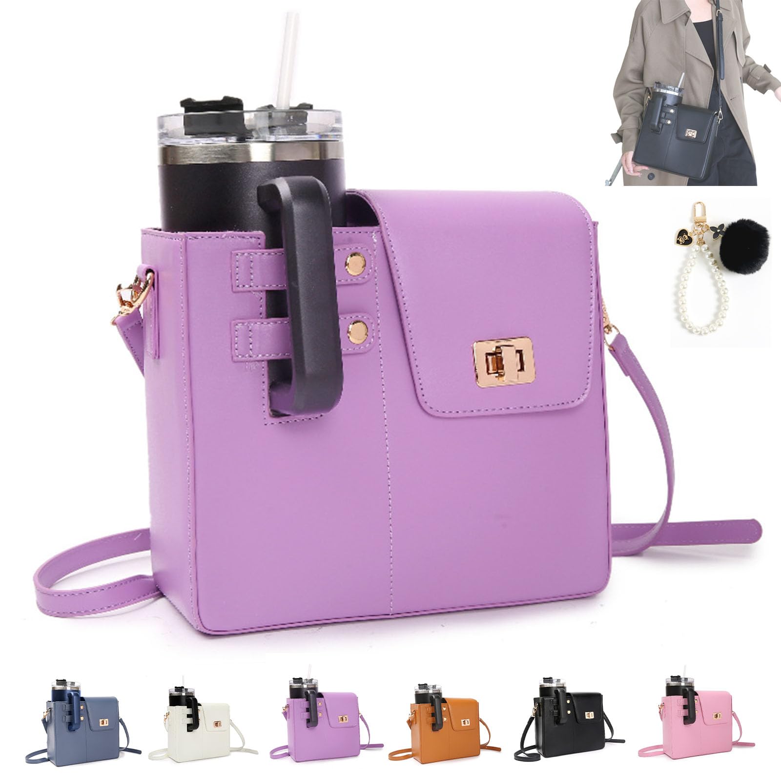 Bolsa de almacenamiento portátil para tazas de agua en cuero morado