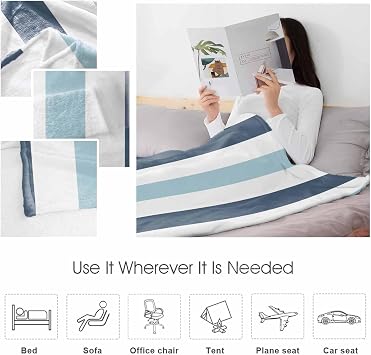 Flannel Fleece Blanket 32 x 47, Blue Aqua Striped Microfiber Cozy Soft Throws for Women, Farmhouse Stripe Art Lightweight Throw Blankets for Couch, Sofa, Bed, Living Room, Bedroom