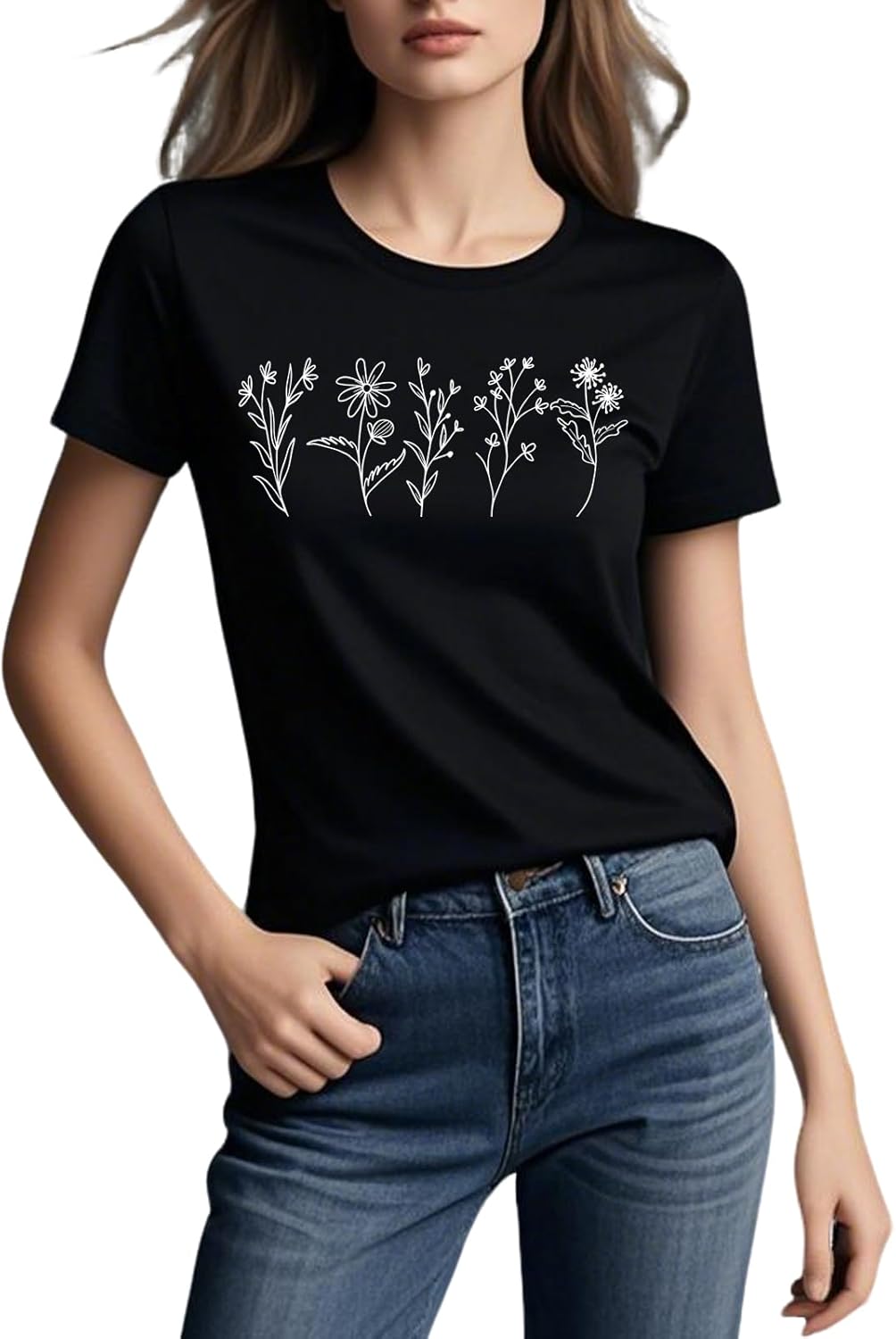 MIMOORN Women Floral Tee Summer Flower Casual Short Sleeve Wildflower Graphic T Shirt