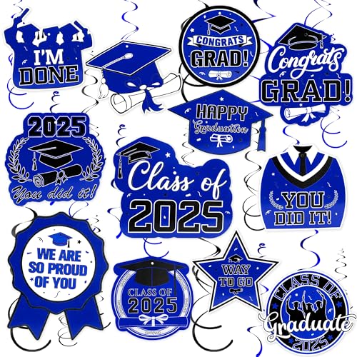 Image of Graduation Hanging Swirls, Graduation Decorations Class of 2025, 30 PCSBlue and Black Graduations Party Decoration Congrats Grad Hanging Swirls Ceiling Streamers for School Graduations Party Supplies
